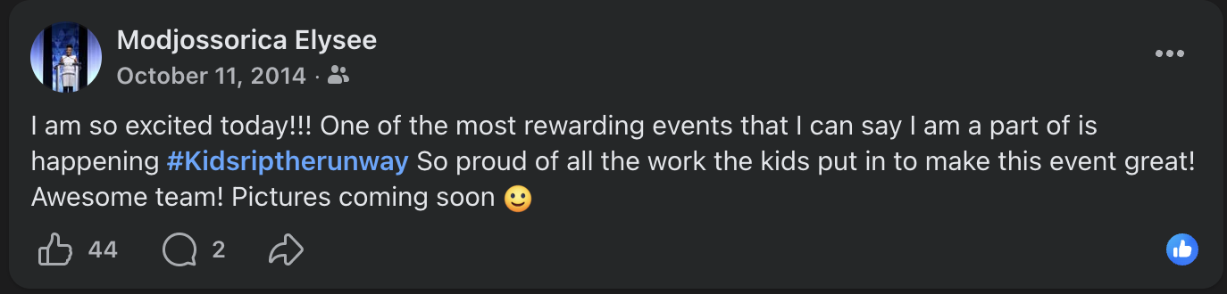 A 2014 social media post celebrating the Kids Rip the Runway team and the work the children put into the event.