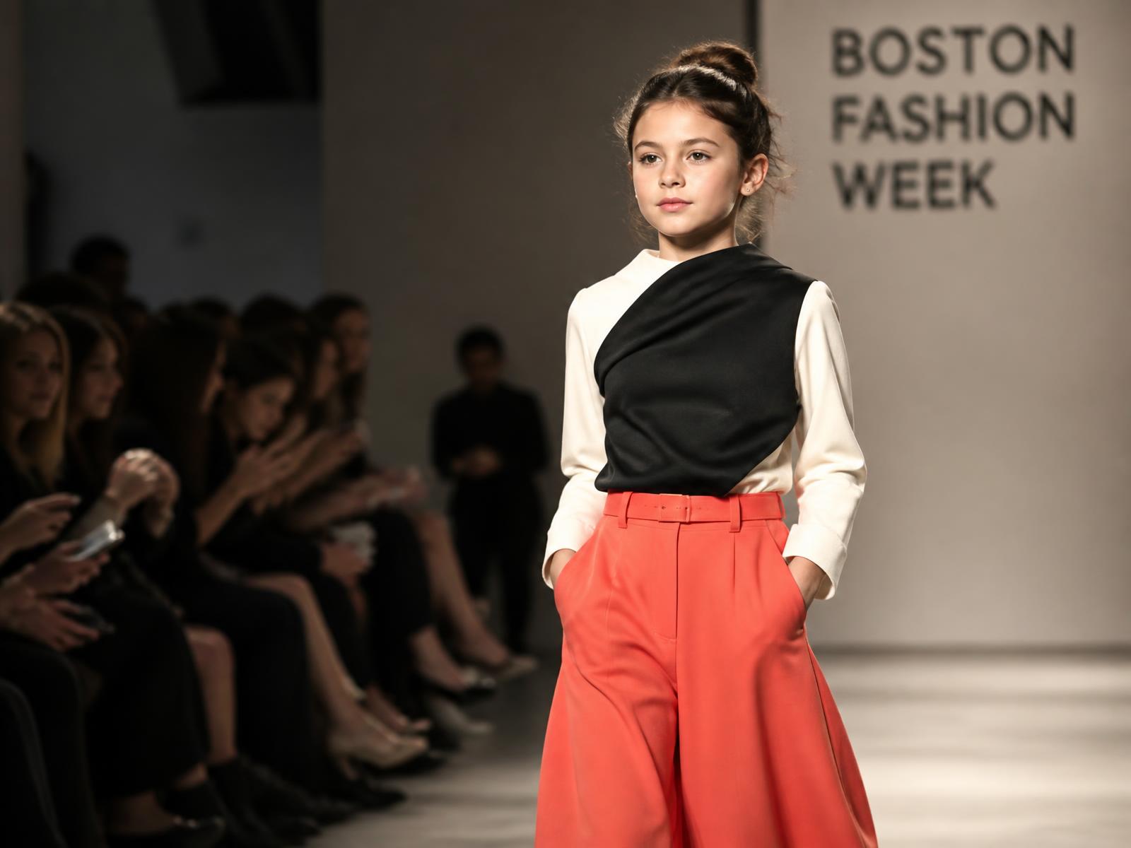 Young models walking together under bright runway lights.